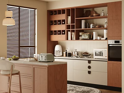 Warm Retro Kitchen Interior Design With Wooden Storage Cabinets Central Island And Complete Functional Appliances 3d model