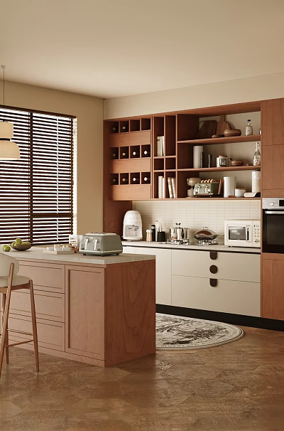 Warm Retro Kitchen Interior Design With Wooden Storage Cabinets Central Island And Complete Functional Appliances 3d model