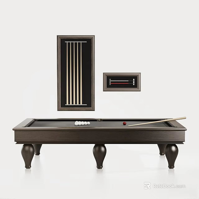 Dark Colored Billiard Table With Decorative Legs Pool Cues And Wall Mounted Frames 3d model