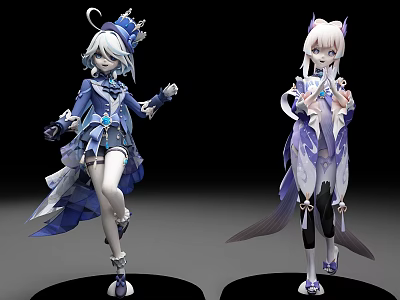 Anime Characters In Blue White And Purple Fantasy Outfits With Cat Ears And Crown 3d model