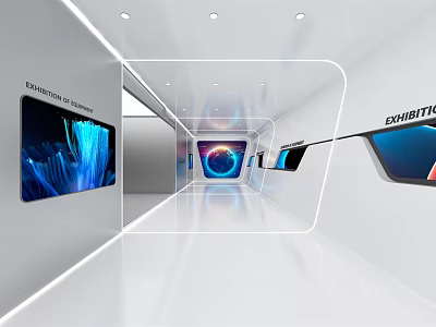 Modern Office Corridor With Tech Inspired Wall Digital Screens And Built In Lighting 3d model