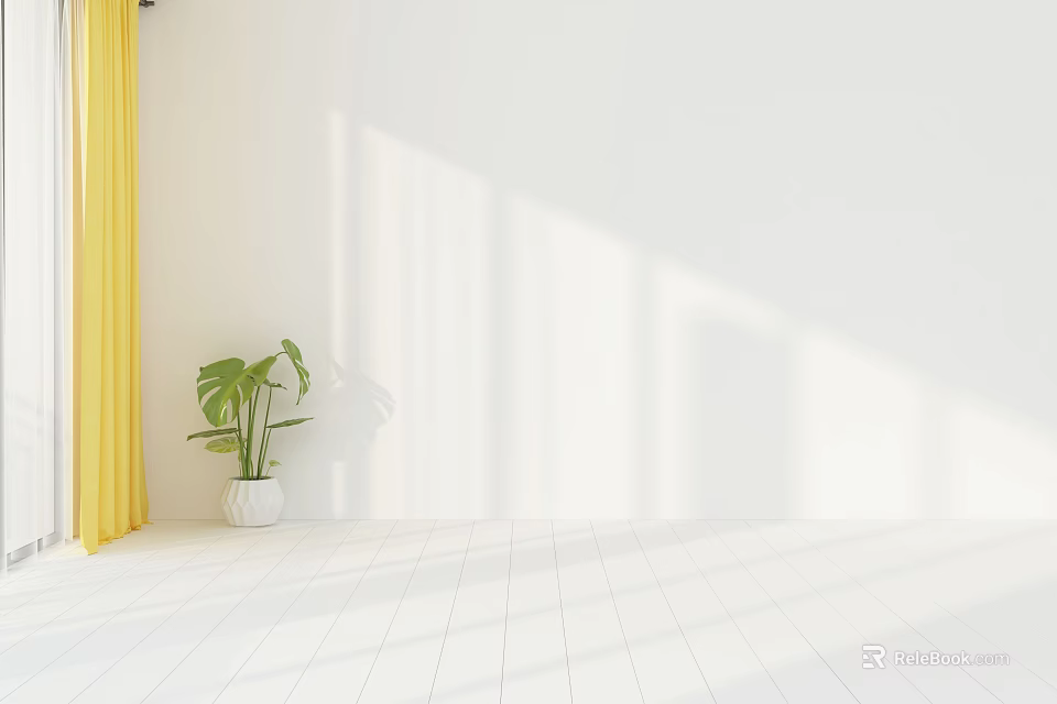 Bright White Background Wall with Yellow Curtain Green Plant and Sunlight Shadows on White Floor 3d model 