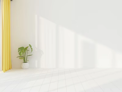 Bright White Background Wall with Yellow Curtain Green Plant and Sunlight Shadows on White Floor 3d model