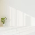Bright White Background Wall with Yellow Curtain Green Plant and Sunlight Shadows on White Floor