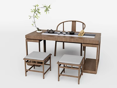 Chinese Style Wooden Tea Table and Chairs with Tea Set Potted Plant and Scroll 3d model