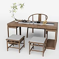 Chinese Style Wooden Tea Table and Chairs with Tea Set Potted Plant and Scroll