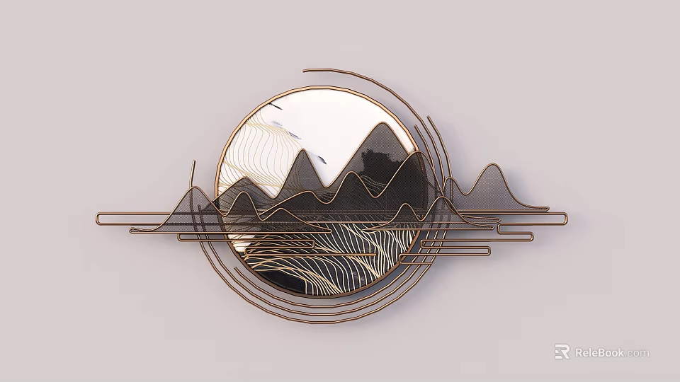 Circular Metal Frame Wall Decor With Mirror Mountain Pattern And Flying Birds 3d model 