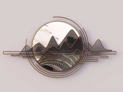 Circular Metal Frame Wall Decor With Mirror Mountain Pattern And Flying Birds 3d model