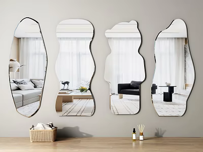 Set of Irregular Shaped Wall Mirrors Reflecting Living Room Interior Decor 3d model