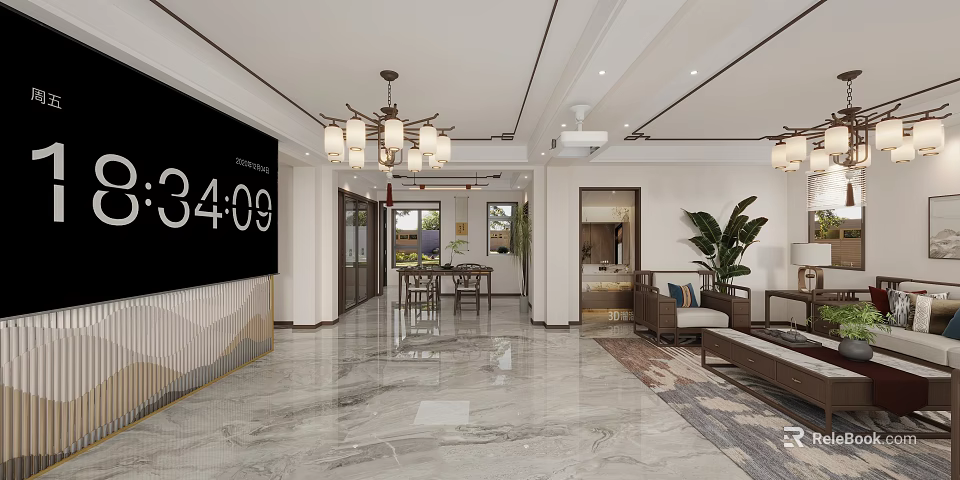 Modern Open Living Dining Room Interior With Marble Floor Chandelier Sofa Dining Table TV Wall 3d model 