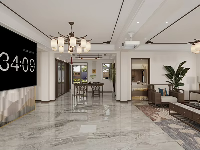 Modern Open Living Dining Room Interior With Marble Floor Chandelier Sofa Dining Table TV Wall 3d model