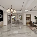 Modern Open Living Dining Room Interior With Marble Floor Chandelier Sofa Dining Table TV Wall