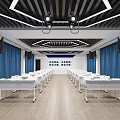 School Modern Classroom Design With White Tables Chairs Blue Curtains And Screens