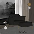 Elegant Gray Leather Leisure Chair With Ottoman By Window Mountain View And Gold Pendant Light