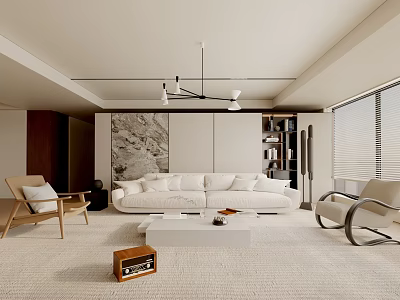 Modern Living Room Interior With White Sofa Beige Carpet Wooden Accents And Modern Lighting 3d model