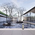 Modern Courtyard Garden Design With Water Pond Trees Glass Building And Stone Paved Floor