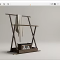 Natural Wooden Clothing Rack With X Shaped Frame Bottom Tray Decorative Stones And Light Towel