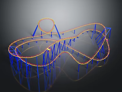 Roller Coaster Model With Blue Supports Yellow Tracks Complex Curves And Loop Dark Background Reflective Effect 3d model