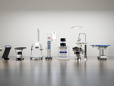 Various Medical Devices Arranged In Clean Clinical Space With Modern Equipment On Wooden Floor 3d model
