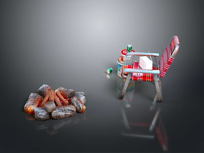Outdoor Bonfire With Red White Striped Chair And Metal Canister Nearby 3d model