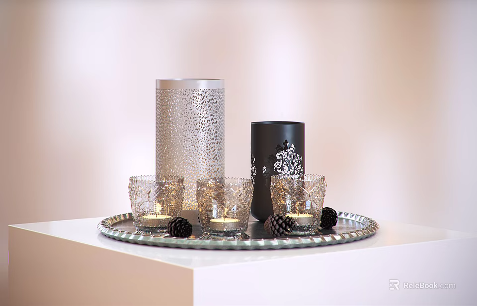 Candle Holders on Silver Tray with Transparent Glass Cups Lit Candles and Black Decorative Elements 3d model 