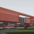 Red Grid Facade Modern Commercial Complex With Multi Storey Structure And Landscaped Areas 3d model