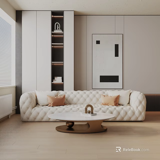 Elegant Modern White Three-Seater Sofa In Living Room With Round Coffee Table And Throw Pillows 3d model 