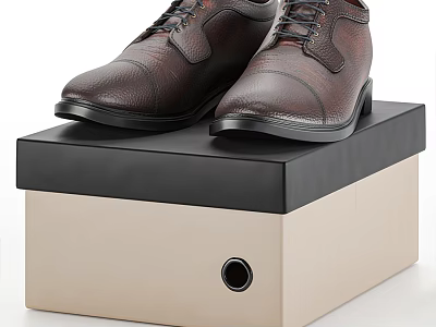 Brown Leather Formal Shoes Showcased on Black and Beige Storage Box 3d model