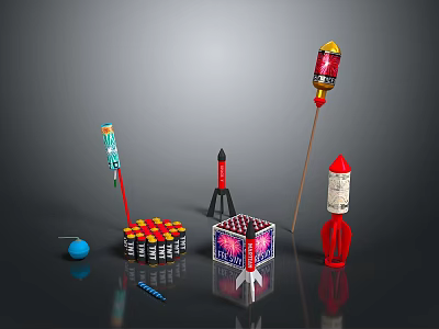 Various Fireworks Equipment Including Rocket Shaped Devices Cylindrical Firecrackers Square Box And Colorful Decorations 3d model