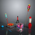 Various Fireworks Equipment Including Rocket Shaped Devices Cylindrical Firecrackers Square Box And Colorful Decorations