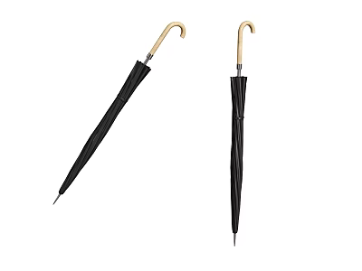Black Umbrella With Curved Gold Handle In Open And Closed Positions 3d model