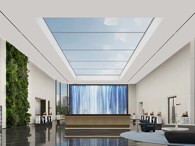 Modern Spacious Public Service Hall With Vertical Green Wall And Large Glass Skylight Interior Design 3d model