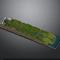 3D Terrain Model with Snowy Mountains Green Terrain River and Water Area