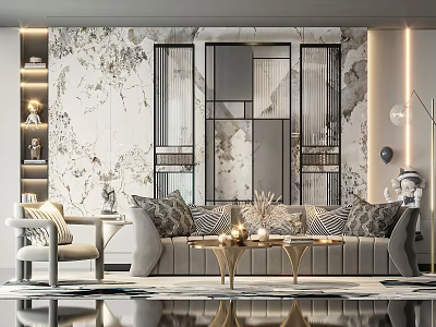 Modern Elegant Living Room Sofa Coffee Table Set With Floral Wall Decorations And Black Partition 3d model