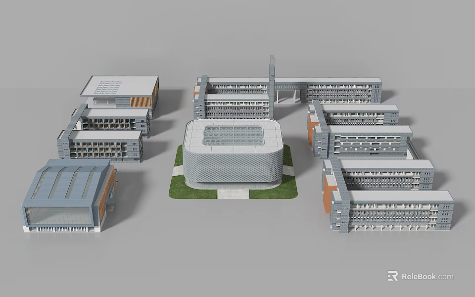 Modern School Building Models With Multiple Multi Story Structures Central Design And Gray Exterior 3d model