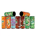 Colorful Beverage Cans Collection with Various Flavors and Vibrant Designs