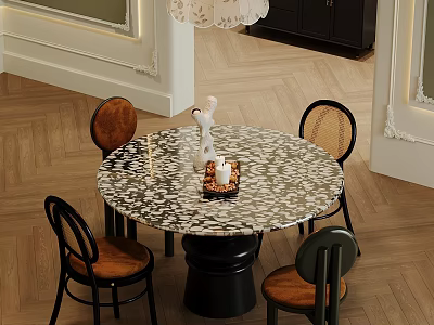 Round Dining Table Set With Marble Top Rattan Chairs And Wooden Herringbone Floor 3d model