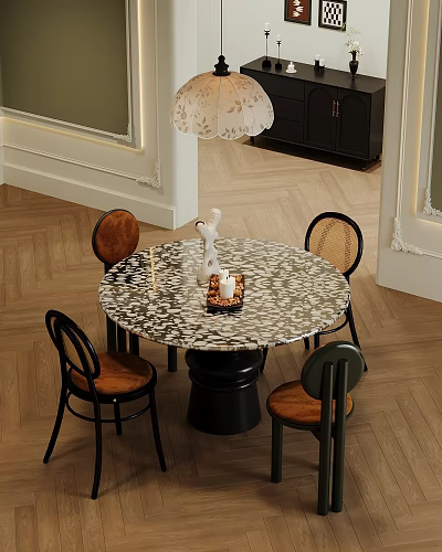Round Dining Table Set With Marble Top Rattan Chairs And Wooden Herringbone Floor 3d model
