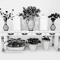 White Vases with Green Purple Flowers on Carved Wooden Table with Decorative Lanterns and Baskets