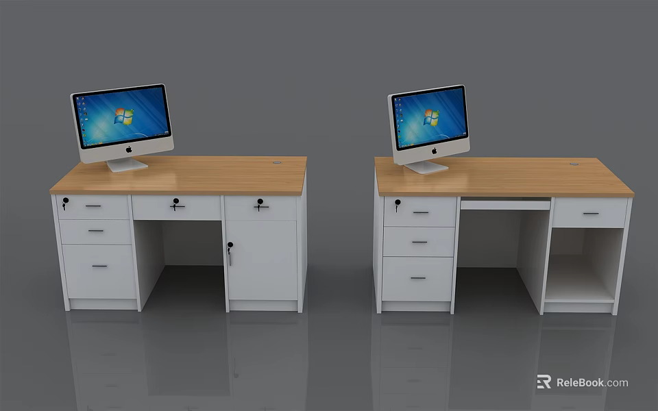 Dual Office Desks With Wooden Top White Drawers And Computer Monitors 3d model 