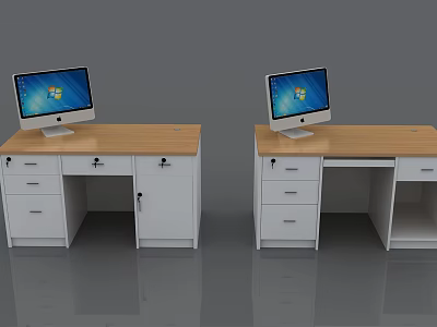 Dual Office Desks With Wooden Top White Drawers And Computer Monitors 3d model