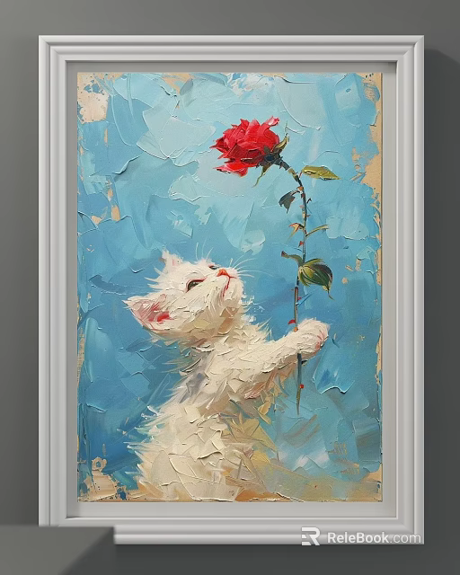 Cute White Kitten Animal Painting With Red Rose And Blue Background Oil Painting Texture 3d model 