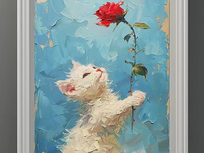 Cute White Kitten Animal Painting With Red Rose And Blue Background Oil Painting Texture 3d model