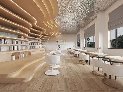 Modern Book Art Library Interior With Curved Wooden Shelves Metallic Ceiling And White Furniture 3d model