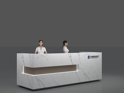 Modern Marble Reception Desk With Built in Lighting Company Logo And Staff In Office 3d model