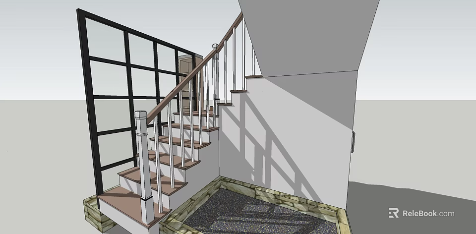 Contemporary Staircase Design With Wooden Steps White Railings Black Framed Windows And Gravel Floor 3d model 