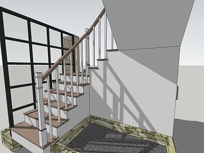Contemporary Staircase Design With Wooden Steps White Railings Black Framed Windows And Gravel Floor 3d model