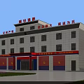 Multi Story Fire Station Building Exterior With White Walls Blue Windows And Red Garage Doors