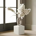 White Vase With Pampas Grass Flowers On White Cube Pedestal Near Window