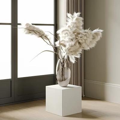 White Vase With Pampas Grass Flowers On White Cube Pedestal Near Window 3d model